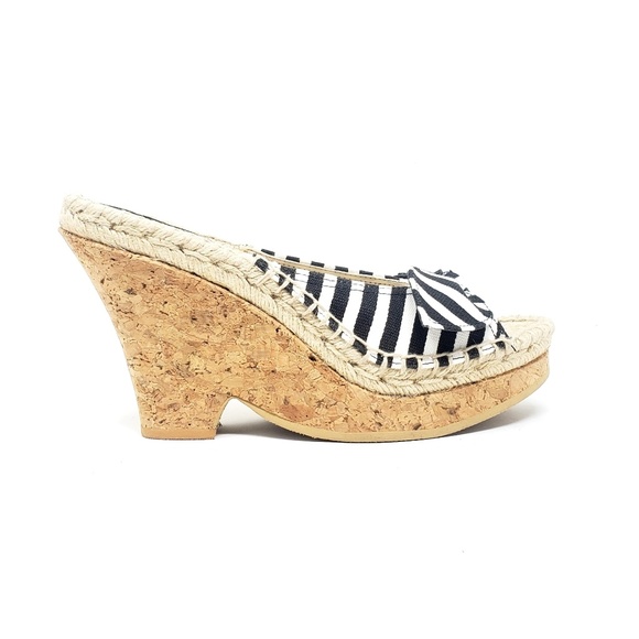 Nine West Shoes - Nine West B/W Striped Wedge Cork Heel Sandals